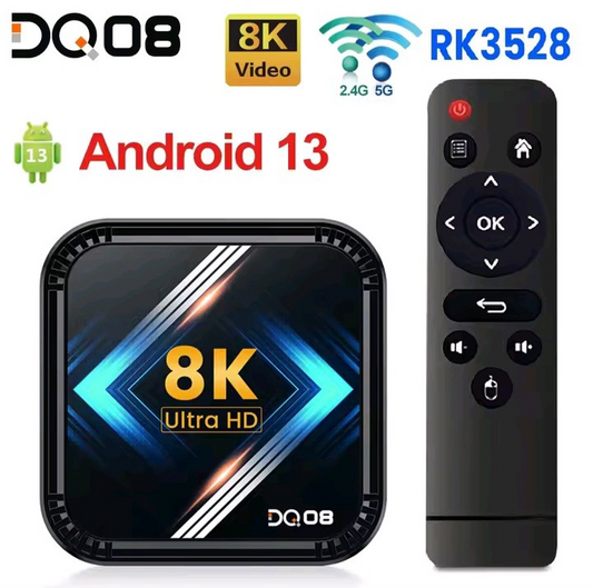 DQ08 Android 13 TV box with remote control and feature icons on a white background